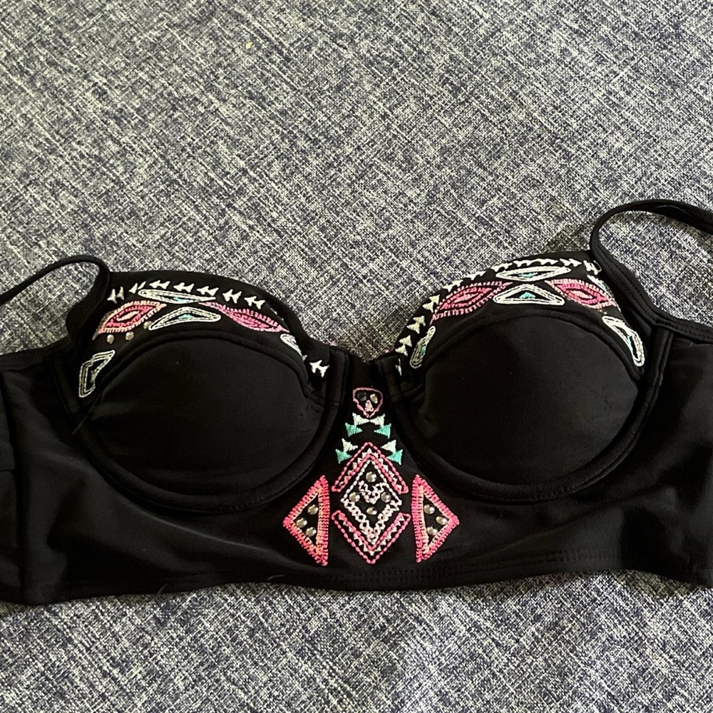 Xhilaration Black Bikini Top with Colorful Embroidery